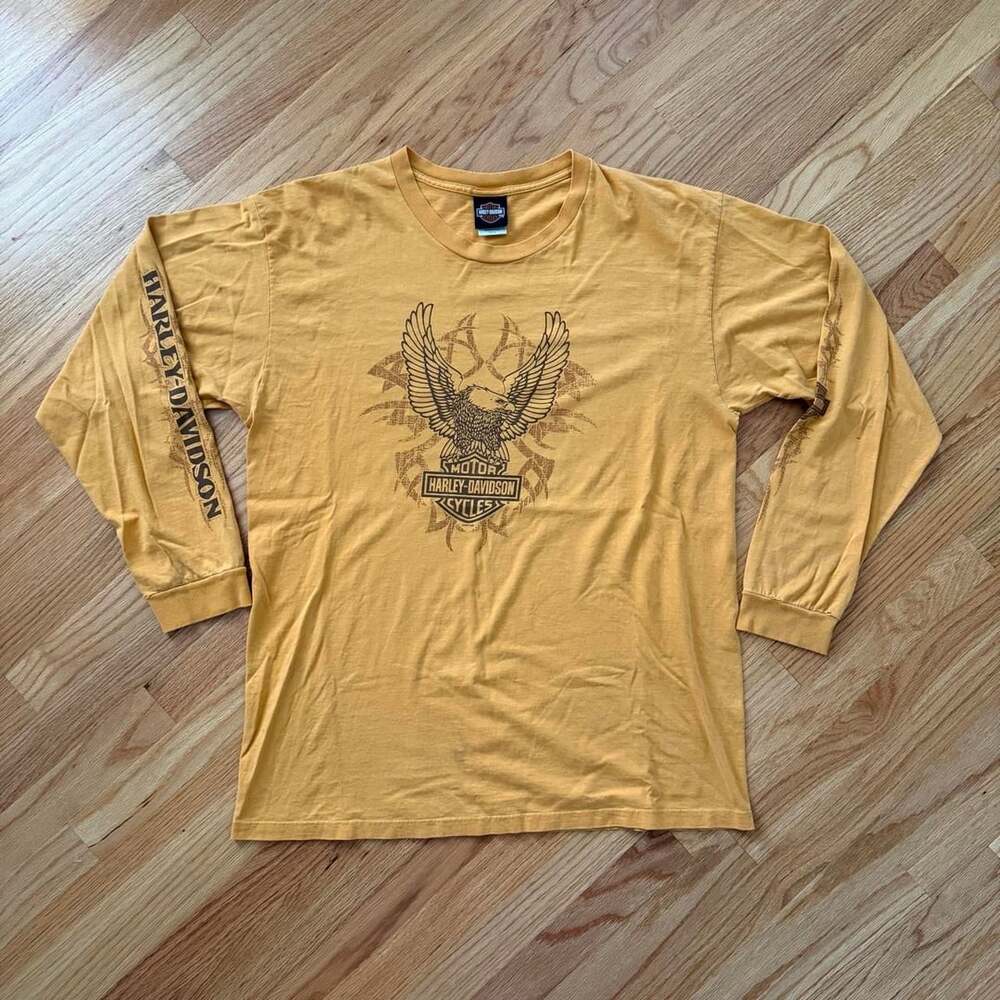 Harley-Davidson Eagle Long Sleeve T-Shirt Size XL Mustard Yellow Montclair
